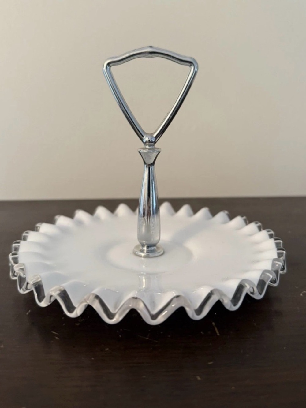 Vtg Fenton Silver Crest Ruffled Edge Milk Glass Tidbit 6.5” Tray